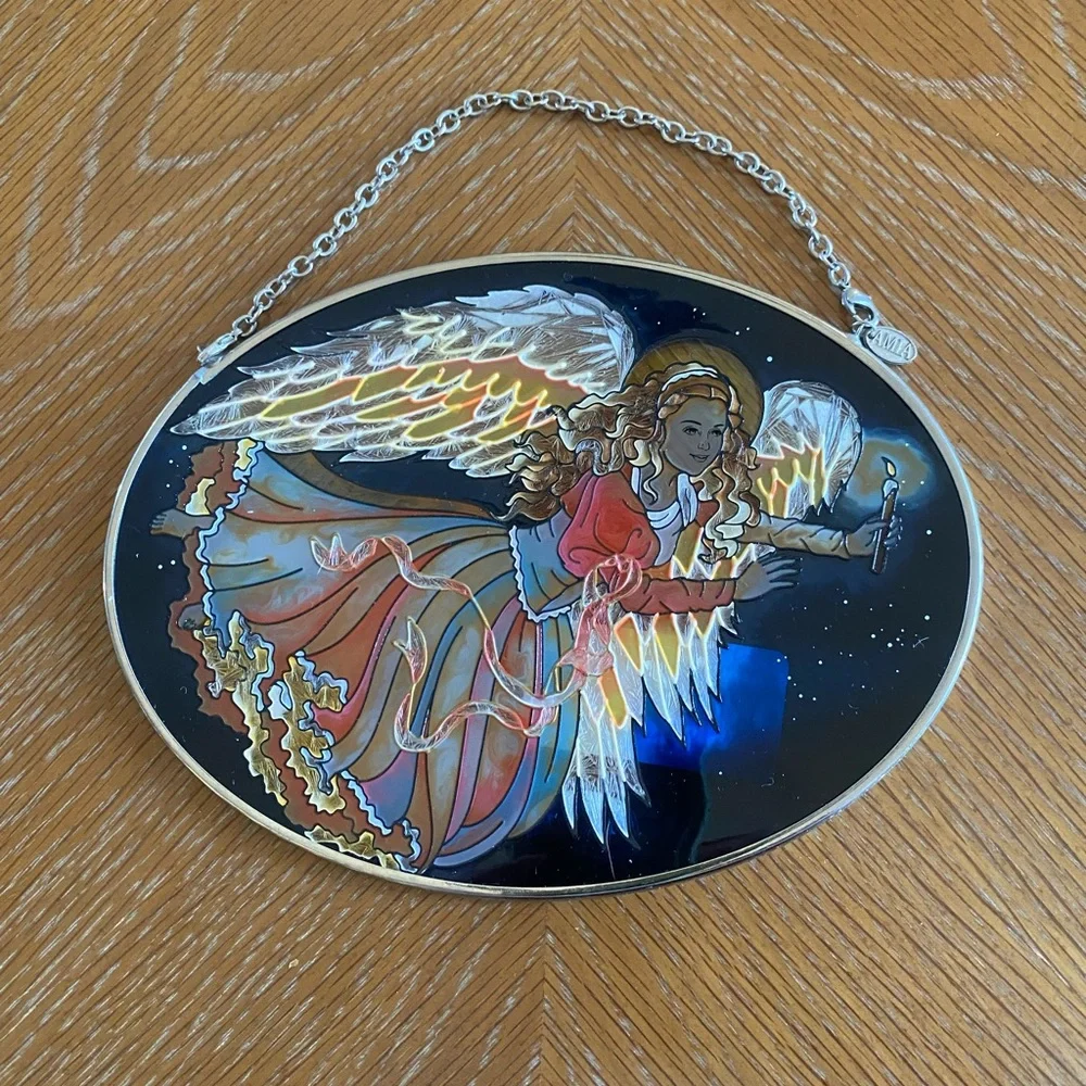 Amia‎ Vintage Sun Catcher Angel Gabriel Hand Painted Blue Oval